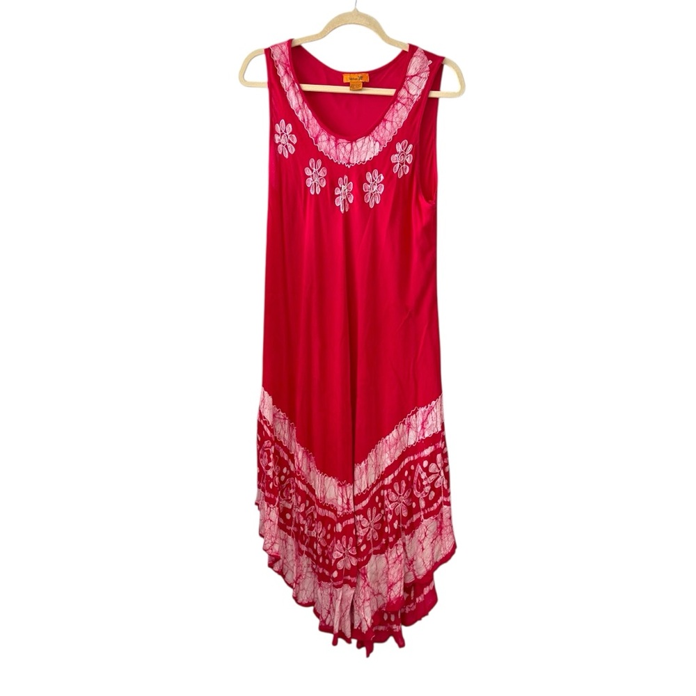 Sakkas Boho red white Tie-Dye Floral Embroidered dress  - Free Size